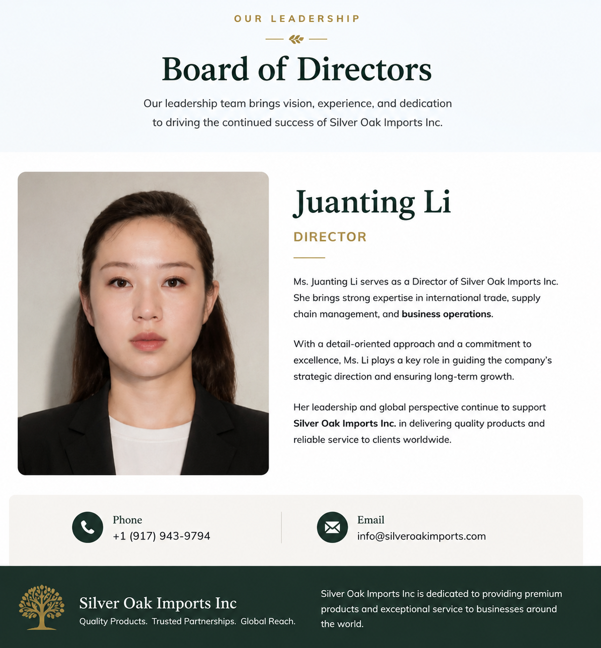 Board of Directors — Juanting Li, Director of Silver Oak Imports Inc