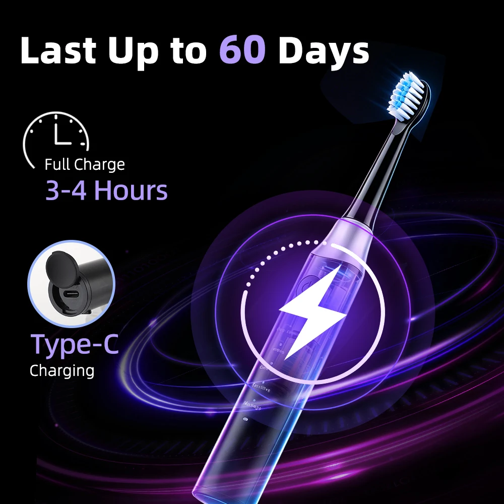 Electric Toothbrush Rotation 5 Modes Whitening Sensitive Gum Care Oral Deep Clean Tool IPX7 Waterproof Teeth Brush with 4 Heads