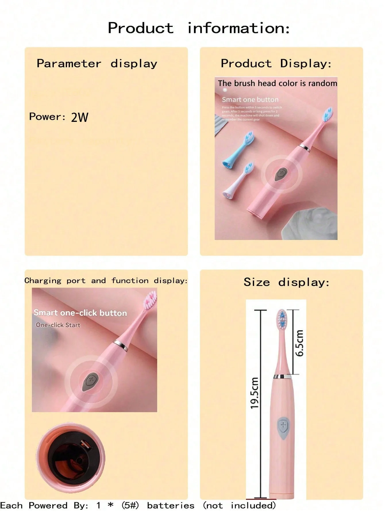 2026 Adult Electric Toothbrush , for home use or travel. Brush head colors are random Battery model（Batteries not includ）