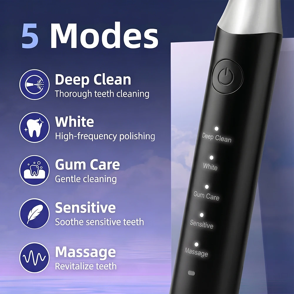 Electric Toothbrush Rotation 5 Modes Whitening Sensitive Gum Care Oral Deep Clean Tool IPX7 Waterproof Teeth Brush with 4 Heads